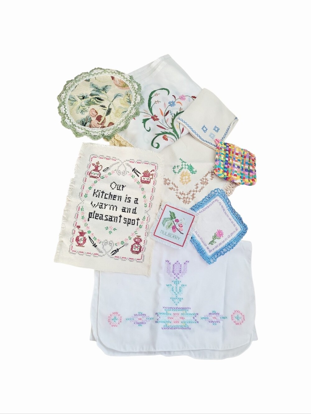 Vintage & Antique  Cross Stitched & Embrodiered Linens Table Runners Textile Lot